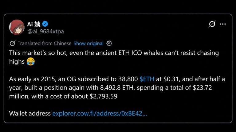 ICO Era Whale Buys ETH at $2,794 as Ethereum Price Now Sits At $2,720
